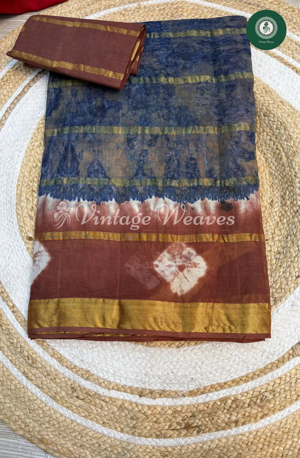Dailywear Cotton Tieanddye Bandhini border-Blue with Brown