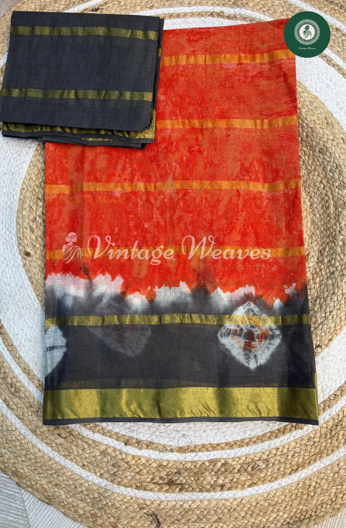Dailywear Cotton Tieanddye Bandhini border-Orange with Grey