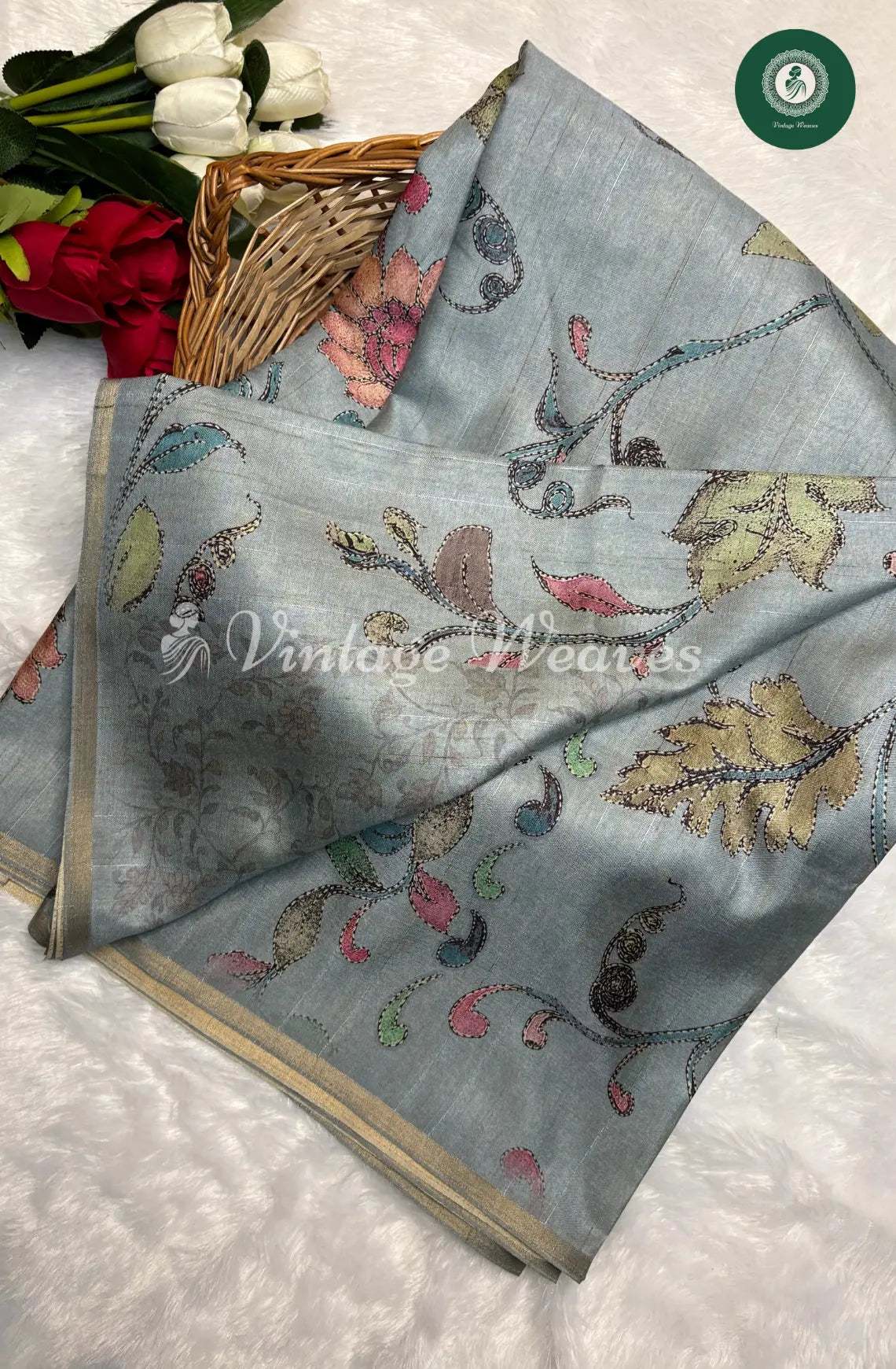 Elegant PastelBlueTusser Saree with Floral Weaving