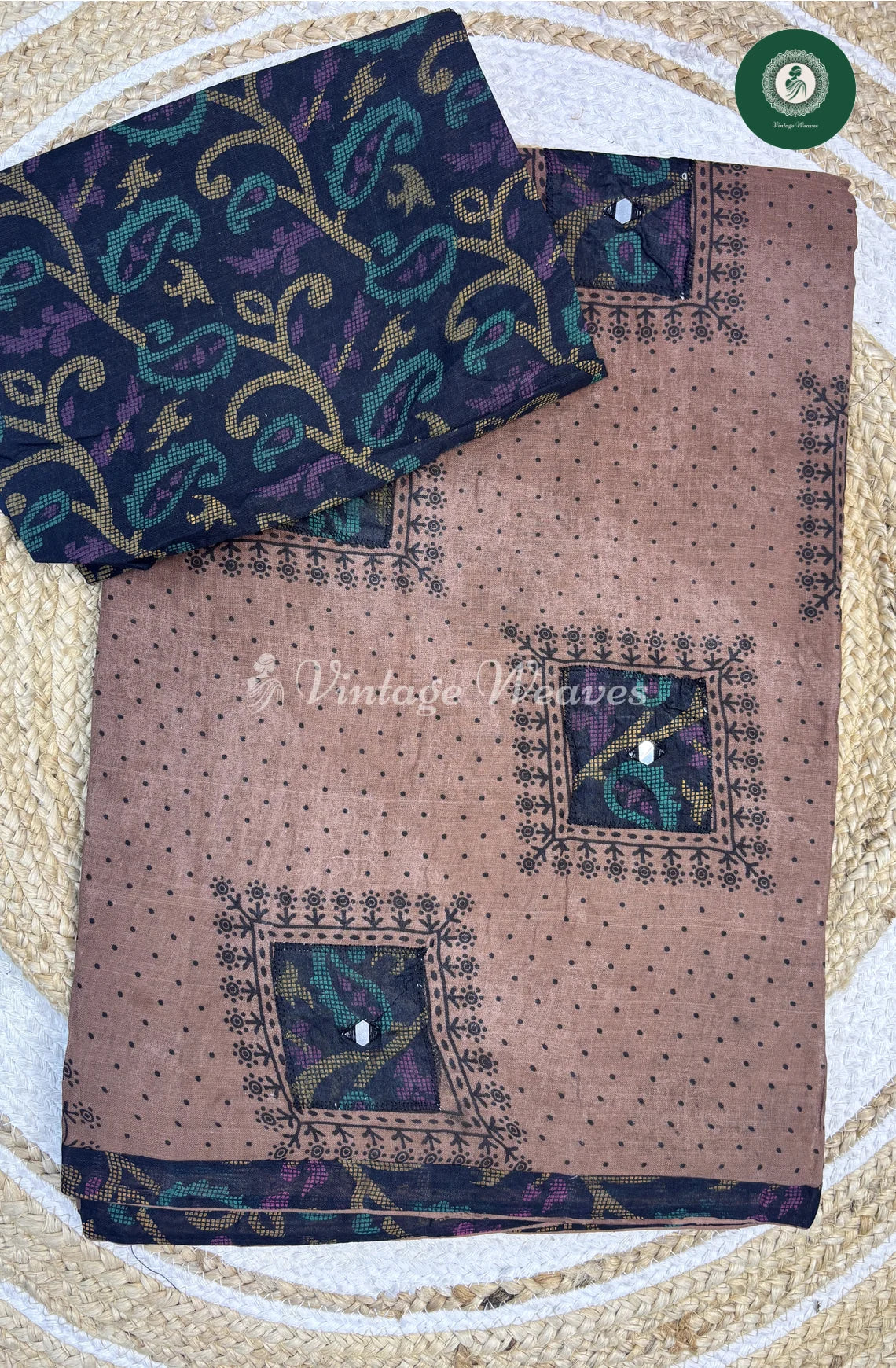 Embroidered Square Printed Cotton Saree-Skin