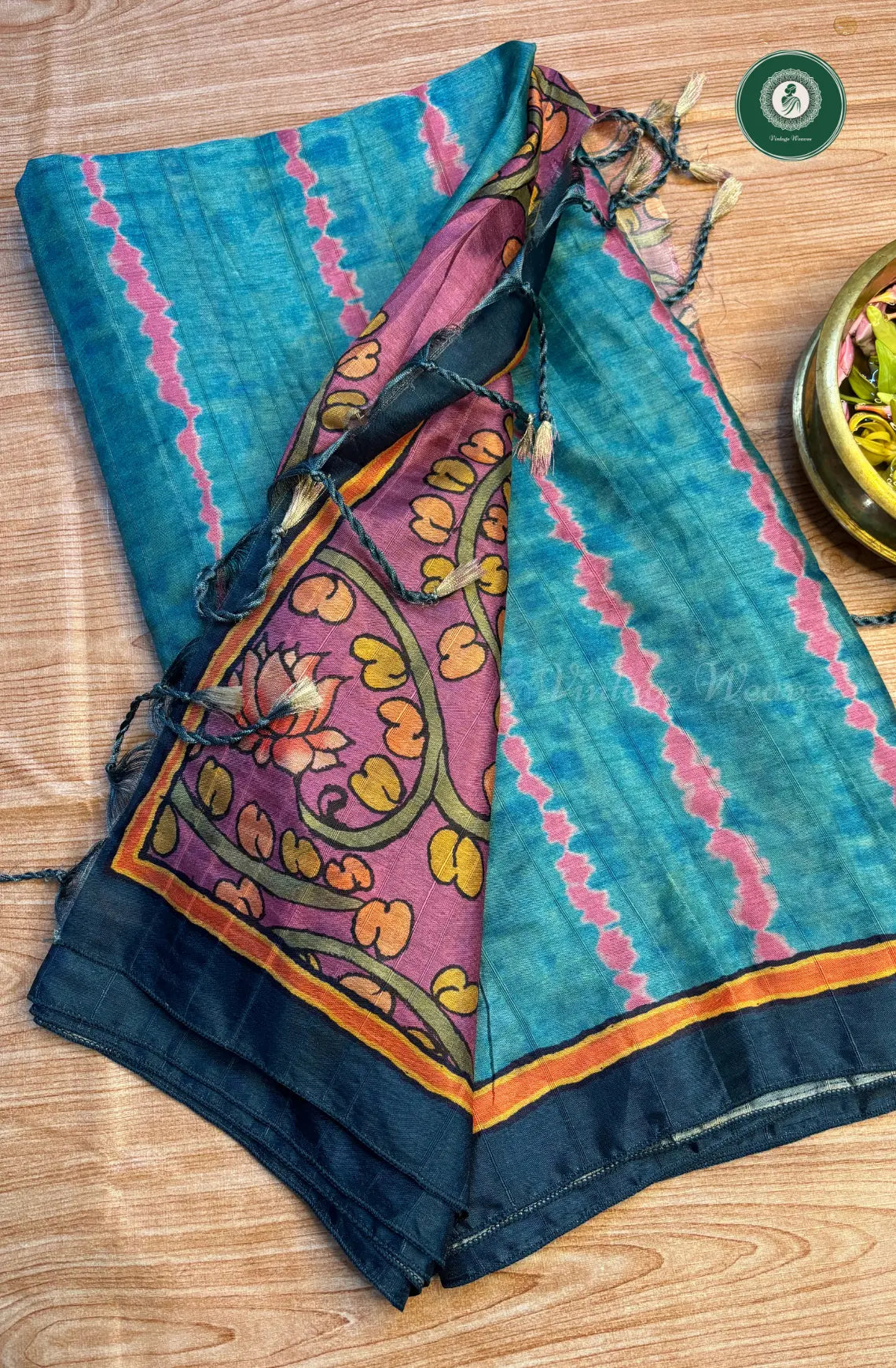 Fancy Tussar Soft Silk Saree with Kalamkari Pallu & Blouse - Blue