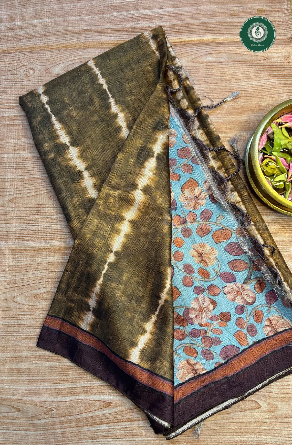 Fancy Tussar Soft Silk Saree with Kalamkari Pallu & Blouse - Green