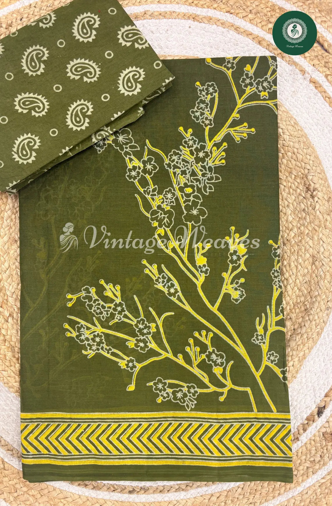 Floral Printed Cotton Saree- Green