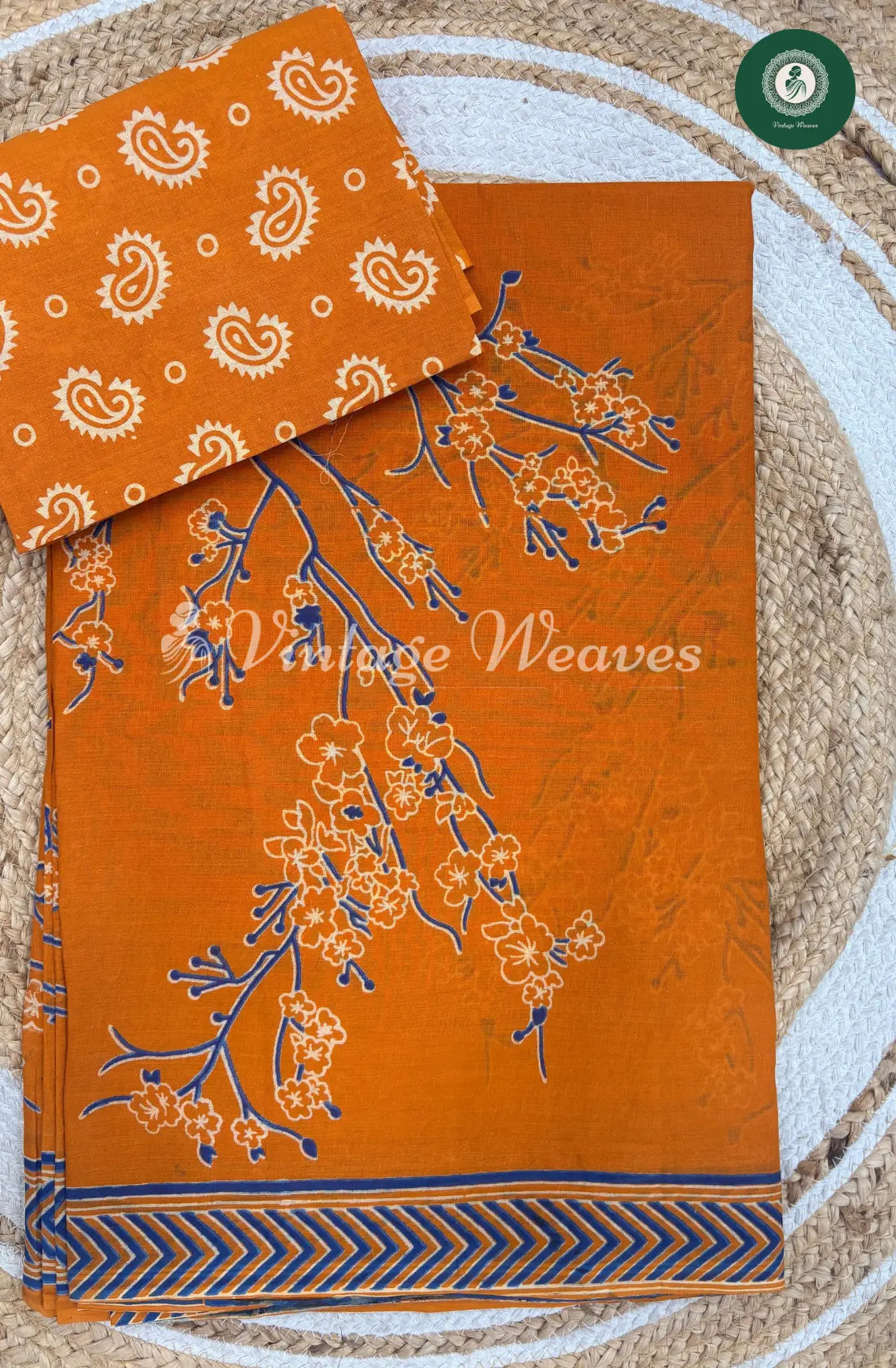 Floral Printed Cotton Saree-MustardYellow