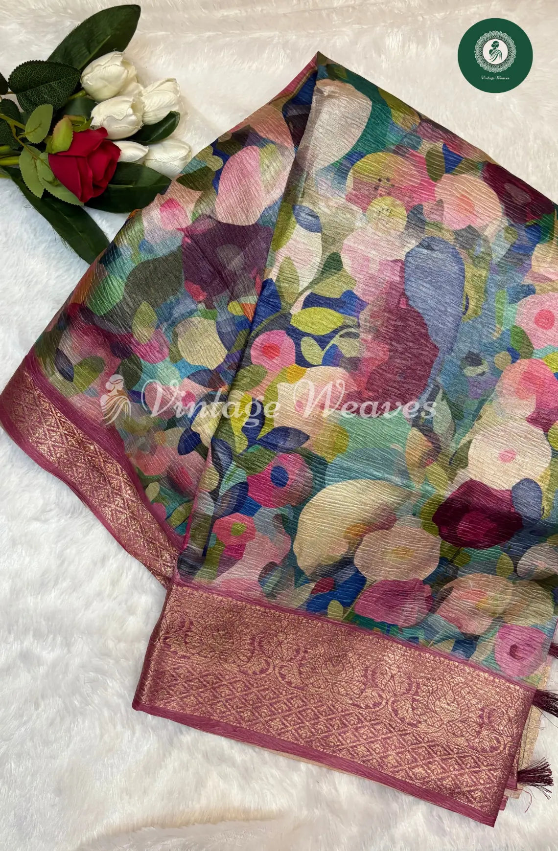 Floral Banarasi printed Saree-Multicolour with Pink