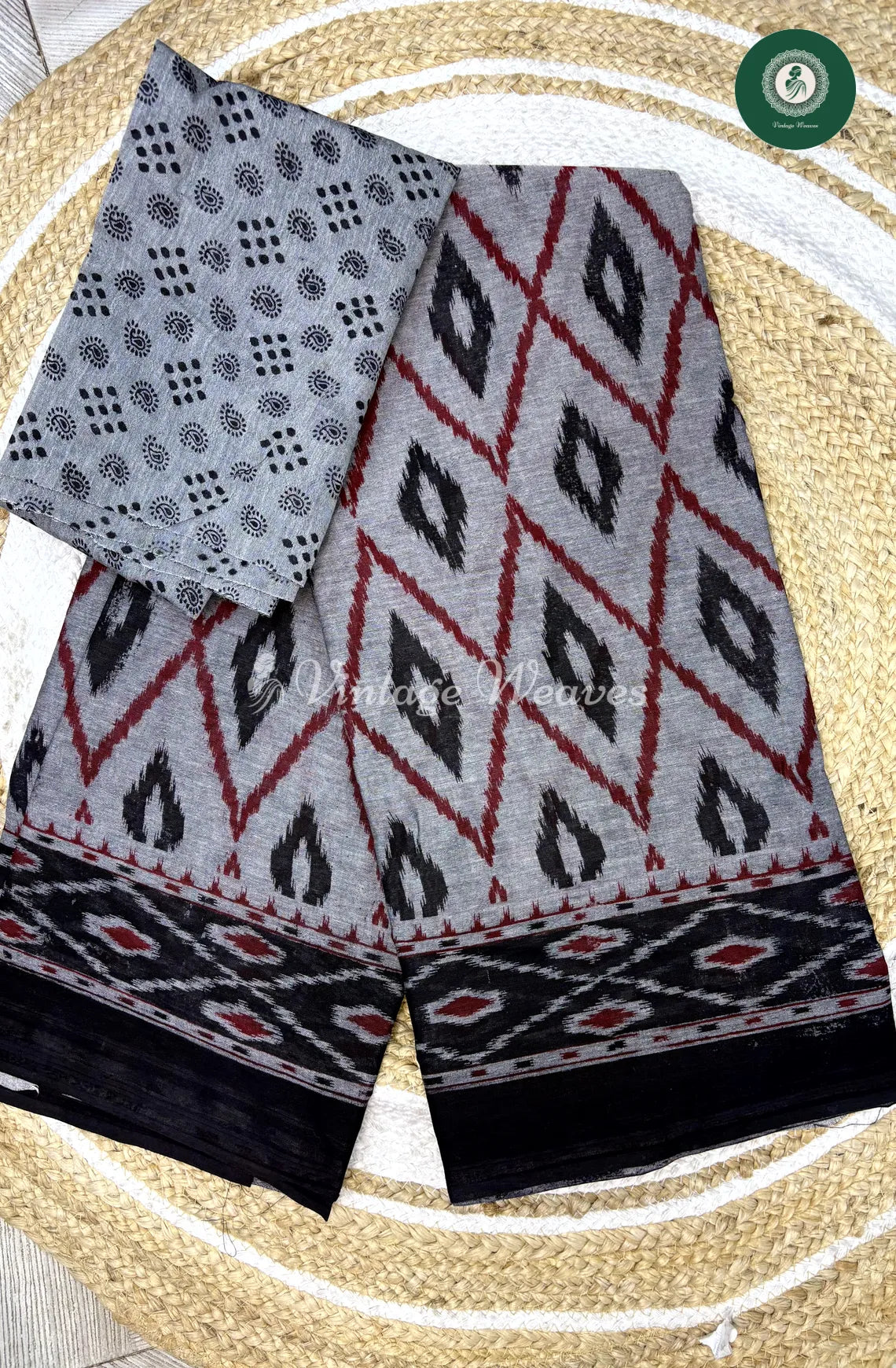 Grey Color Ikkat Printed Cotton Saree-Diamond