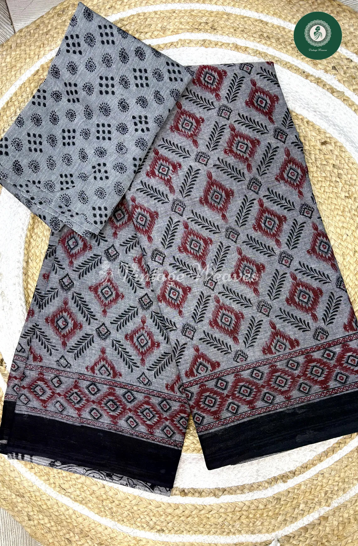 Grey Color Ikkat Printed Cotton Saree-Geometric