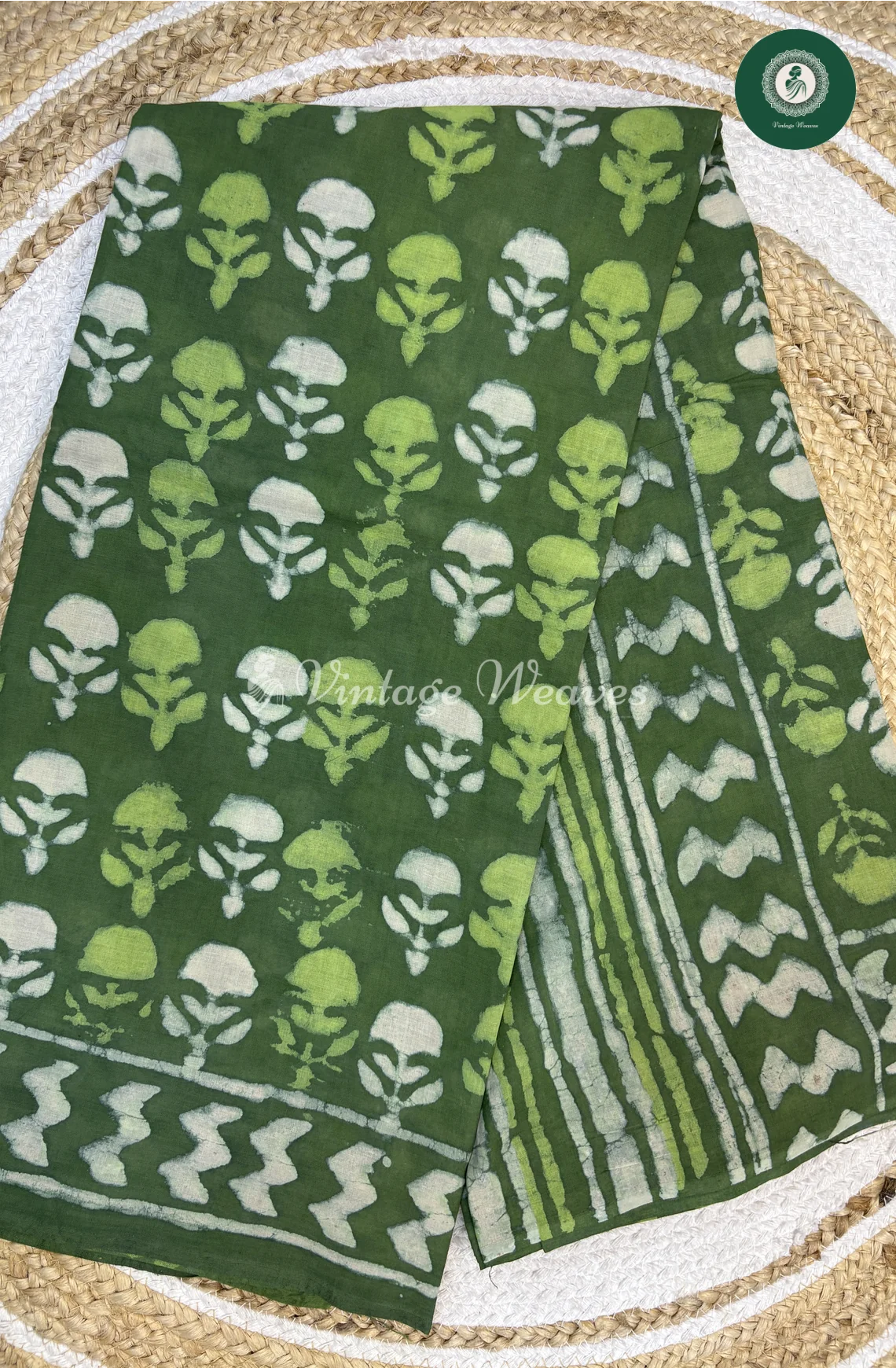 HandBlock Printed Mul Cotton Saree -DarkGreen