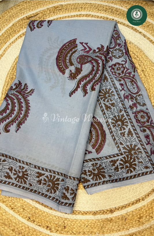 HandBlock Printed Mul Cotton Saree-LightGrey