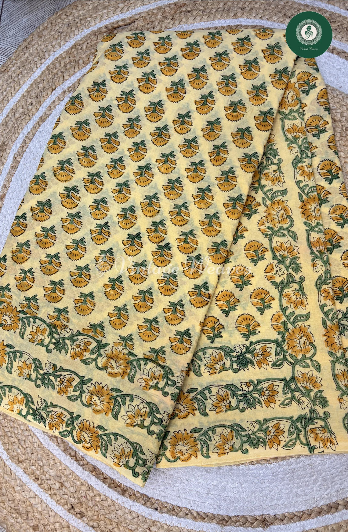 HandBlock Printed Mul Cotton Saree-Yellow