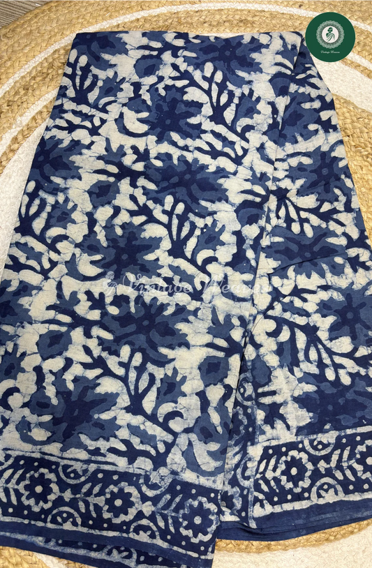 HandBlock Printed Mul Cotton Saree Flower-Blue