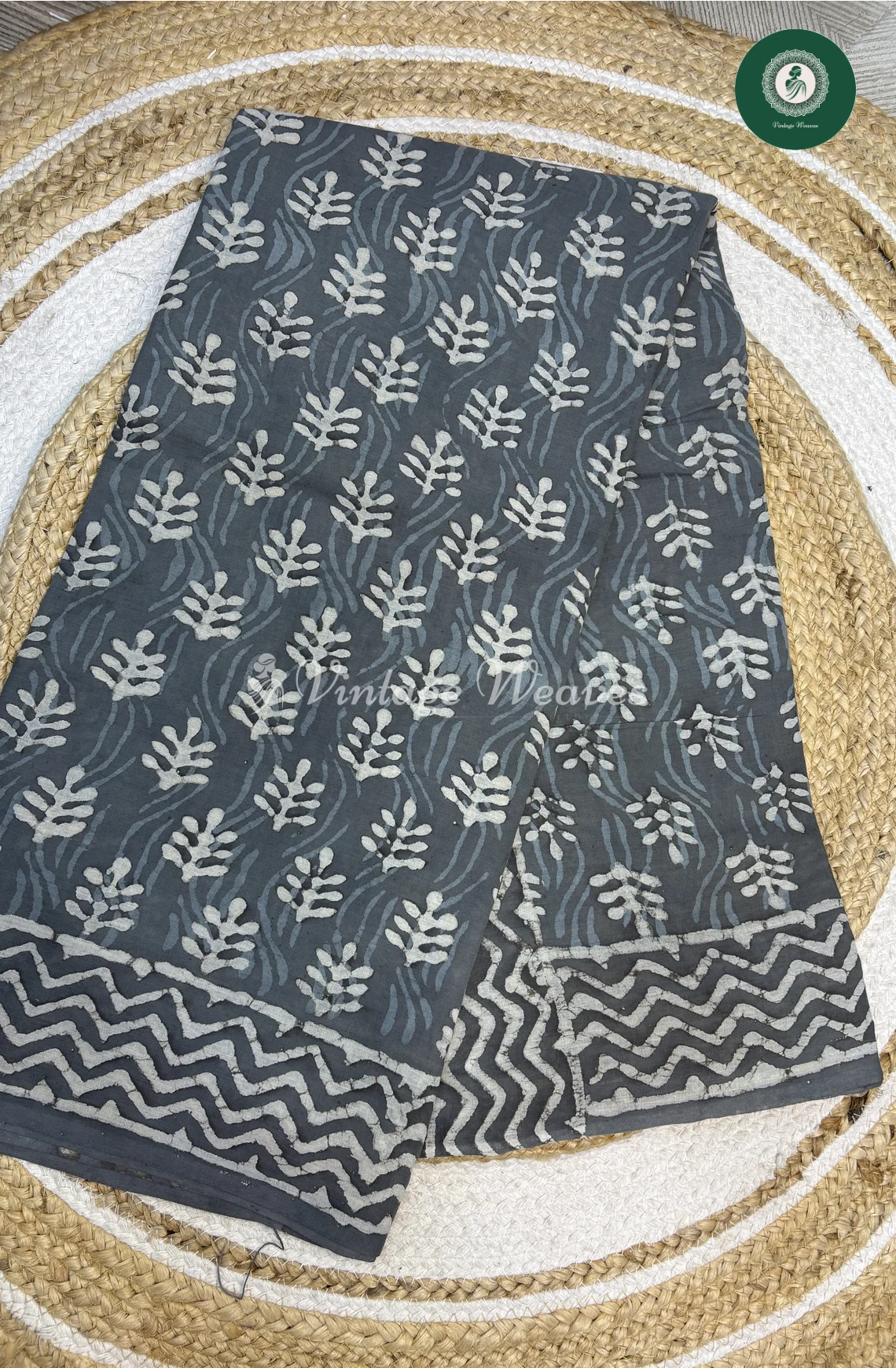 HandBlock Printed Mul Cotton Saree Leaf-Grey