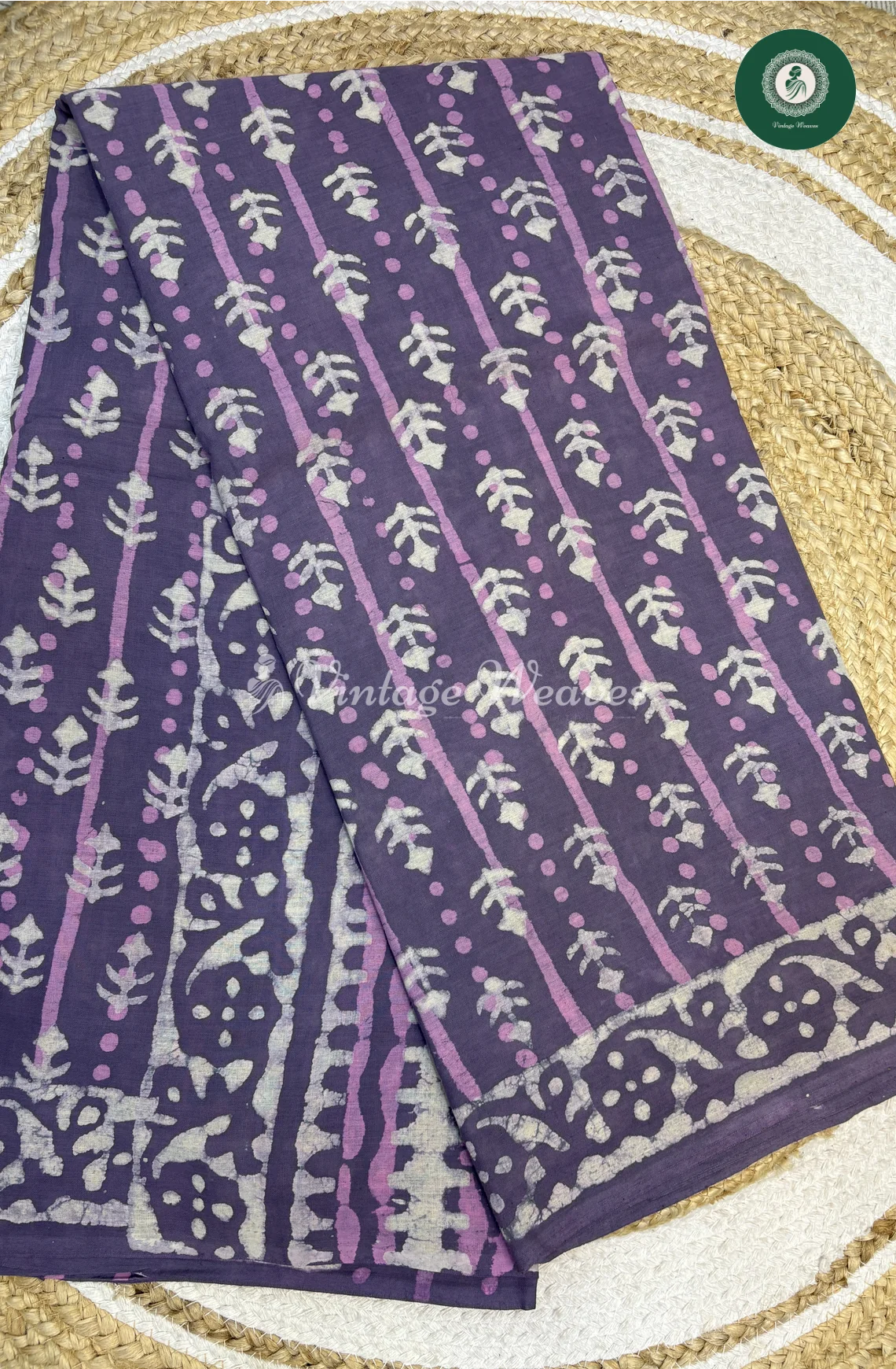 HandBlock Printed Mul Cotton Saree Leaf-Lavender