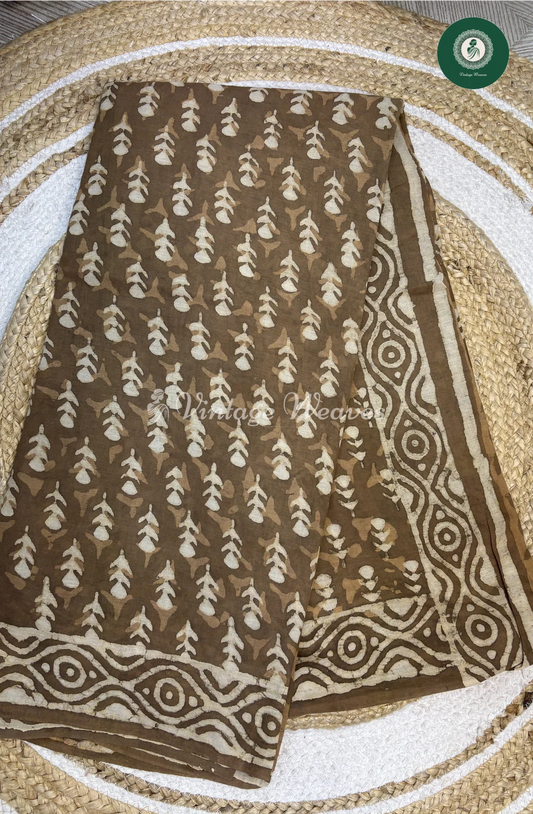 HandBlock Printed Mul Cotton Saree leaf-Skin