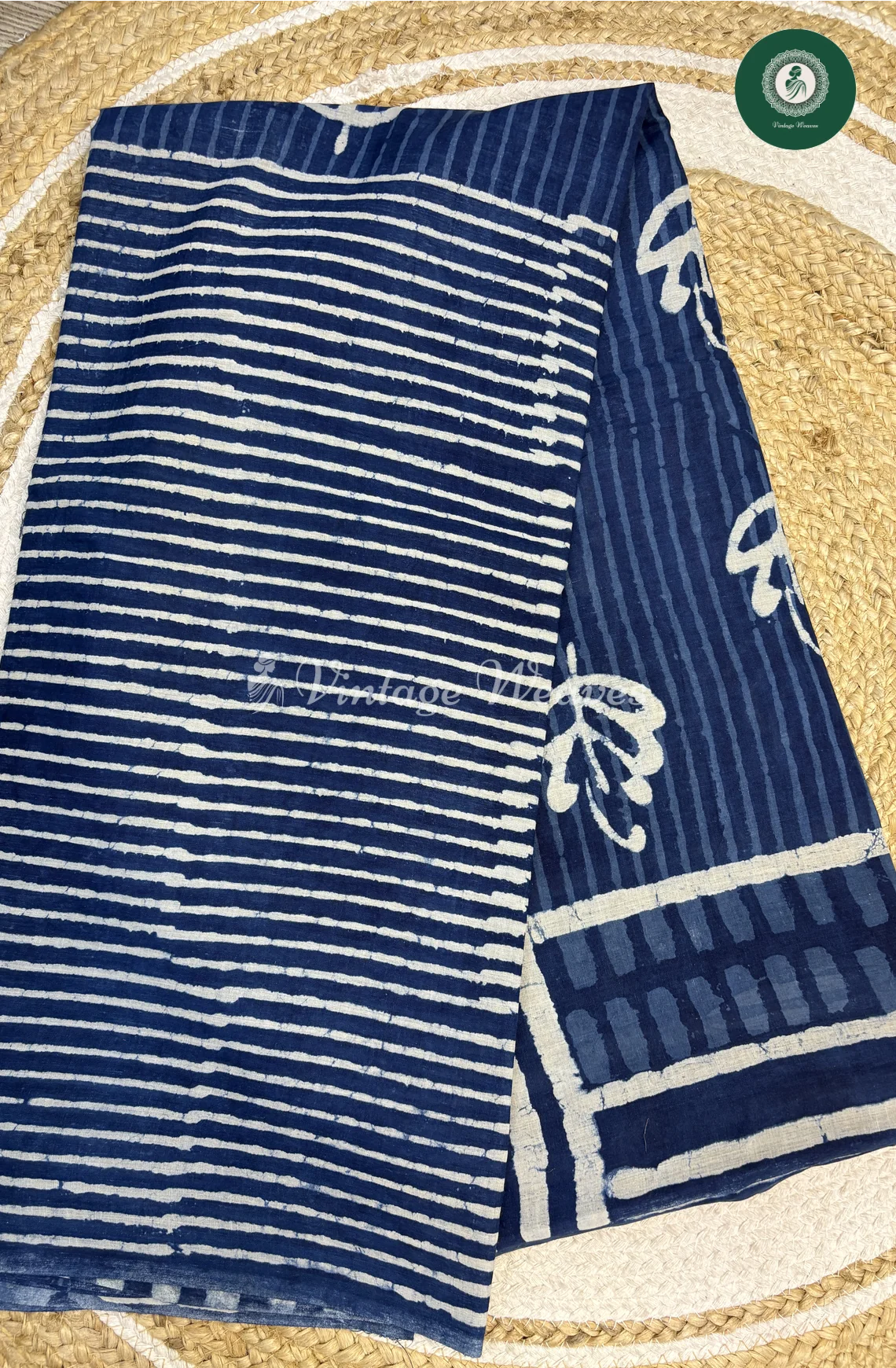 HandBlock Printed Mul Cotton Saree lines-Blue