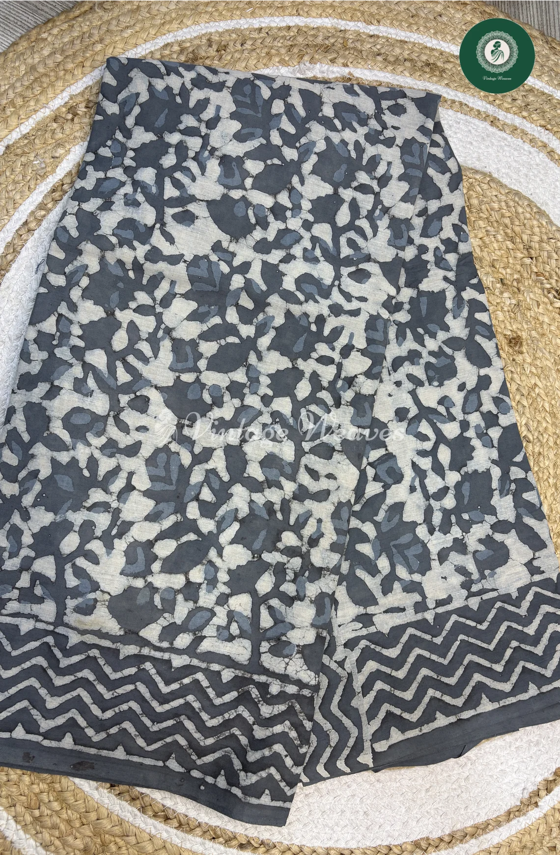 HandBlock Printed Mul Cotton Saree asymmetric-Grey