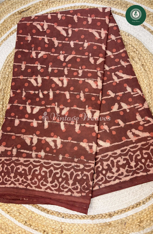 HandBlock Mul Cotton Saree with Bird Print-Marron