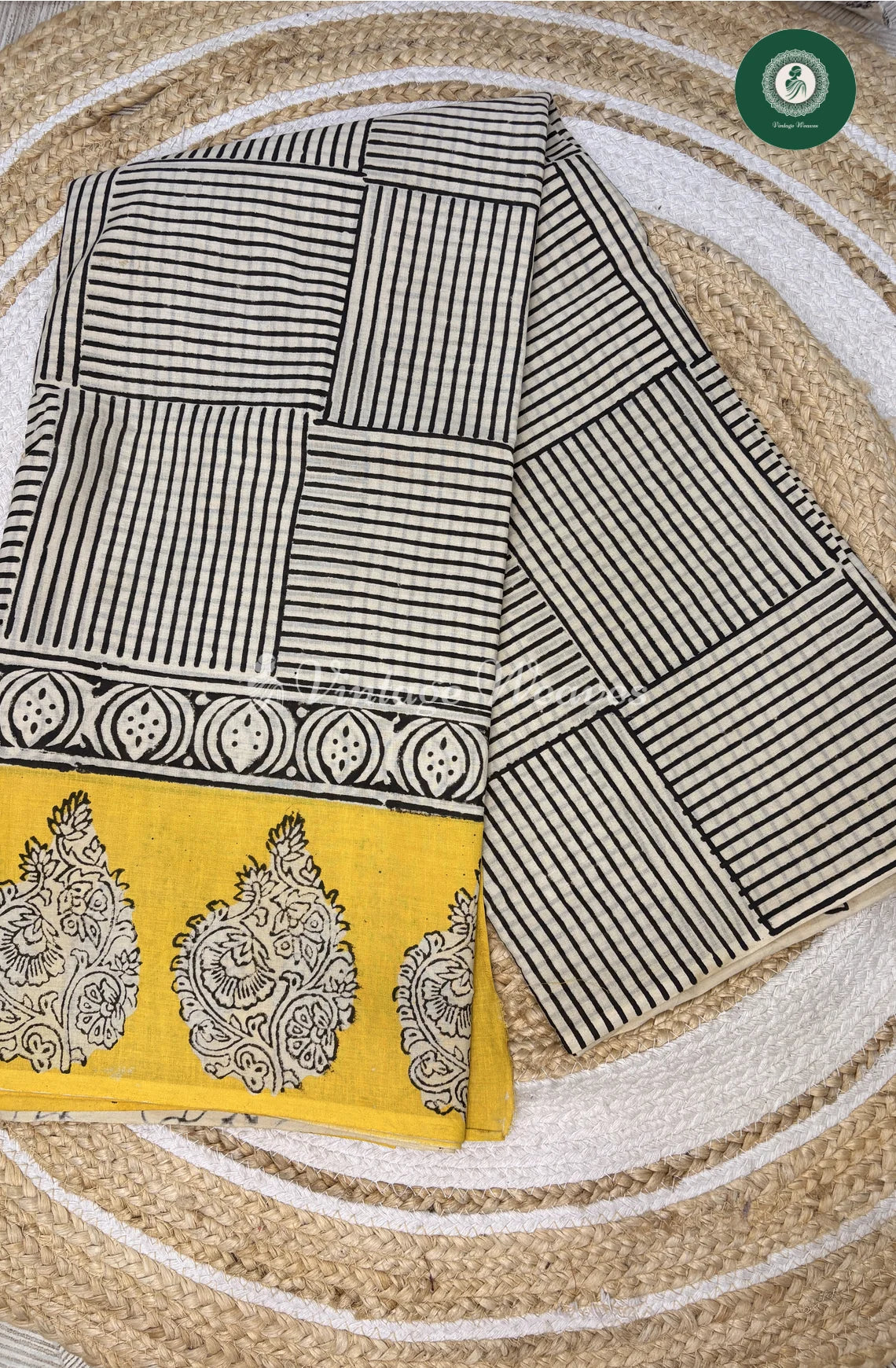HandBlock Printed Mul Cotton Saree with BlackLines