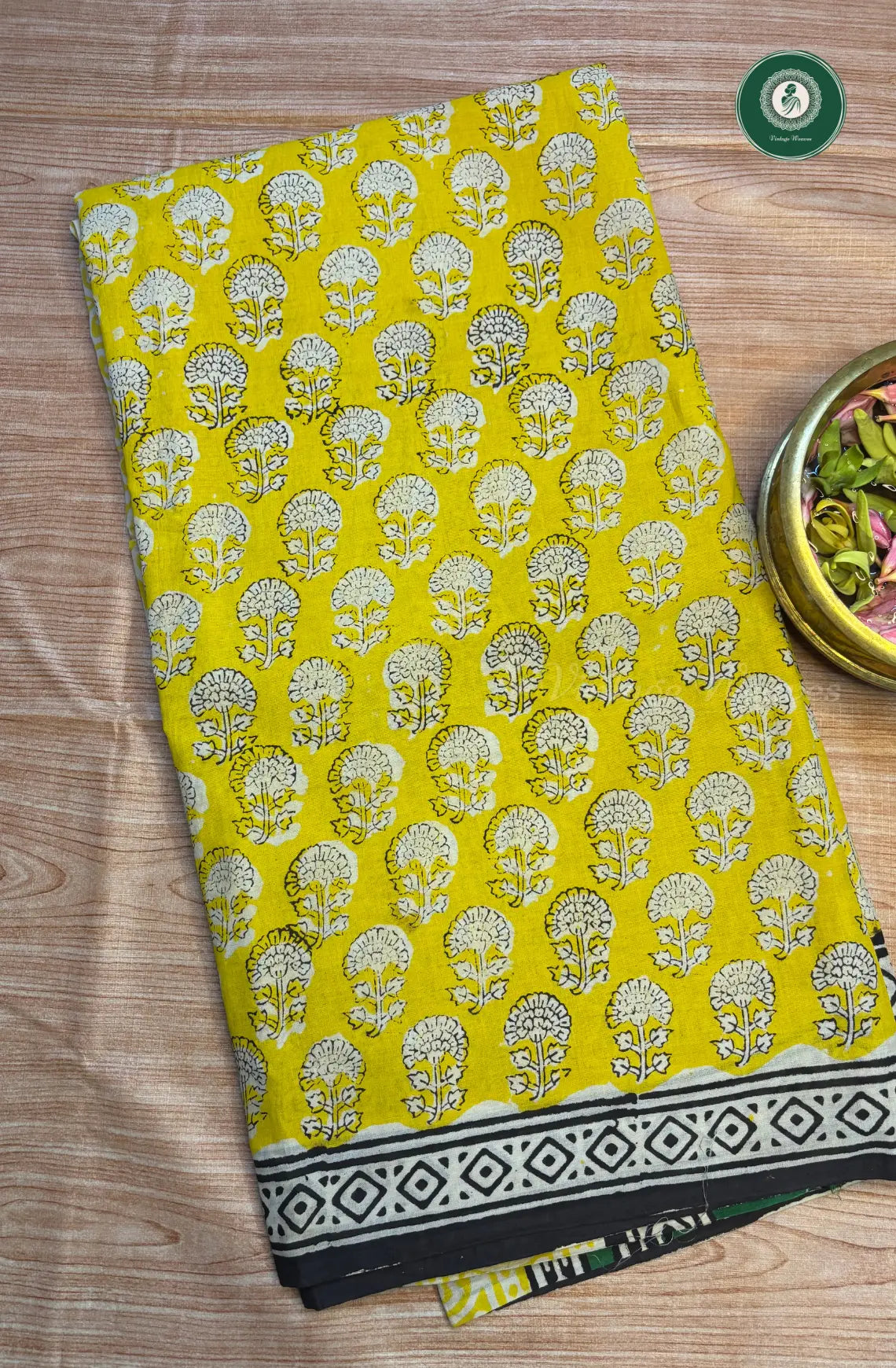 Hand Block Printed Pure Mul Mul Cotton Saree - Yellow