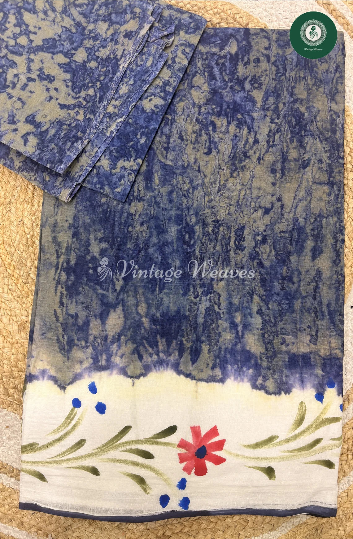 Hand Painted Daily Wear Cotton Saree-Blue