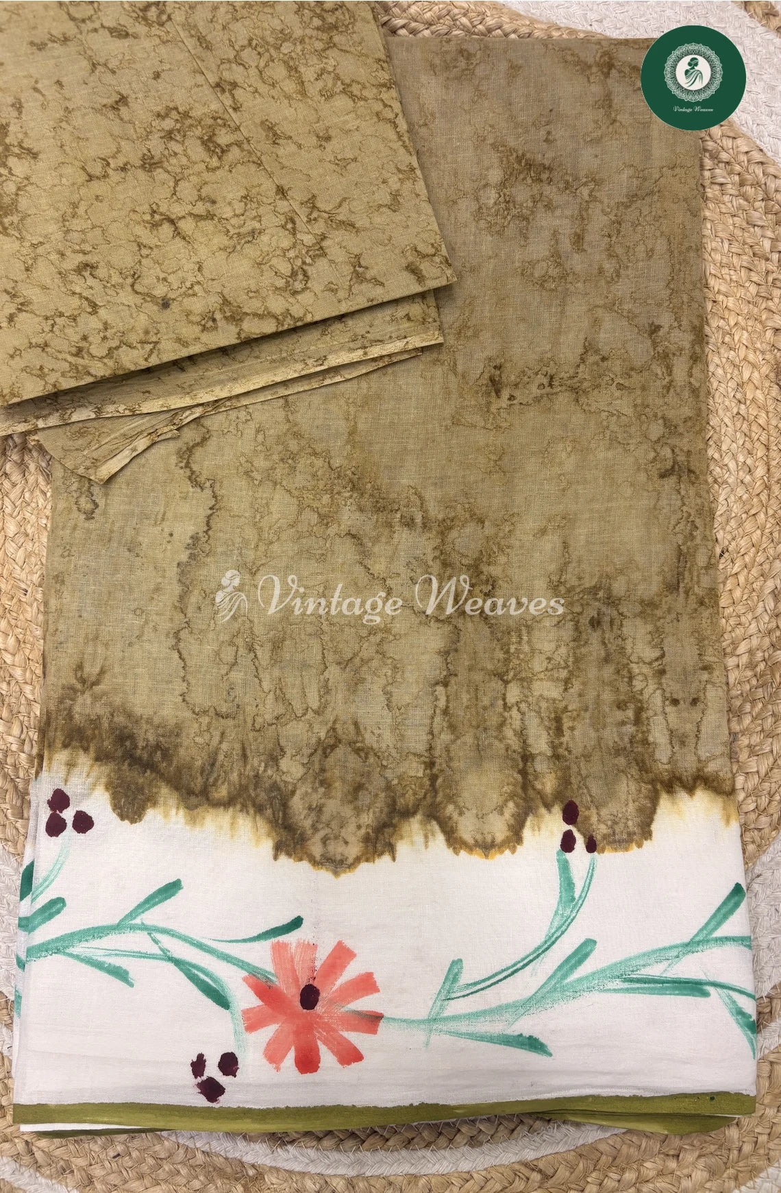 Hand Painted Daily Wear Cotton Saree-Green
