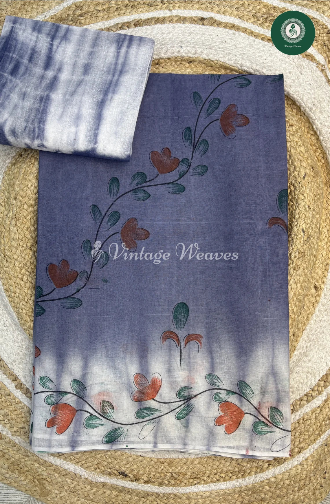 HandPainted Daily Wear Cotton SareeWith Flower-Blue