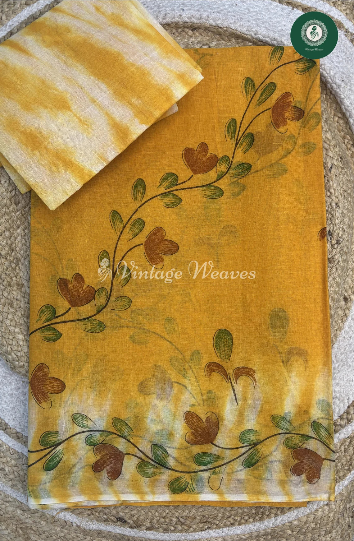 HandPainted Daily Wear Cotton SareeWith Flower-Yellow