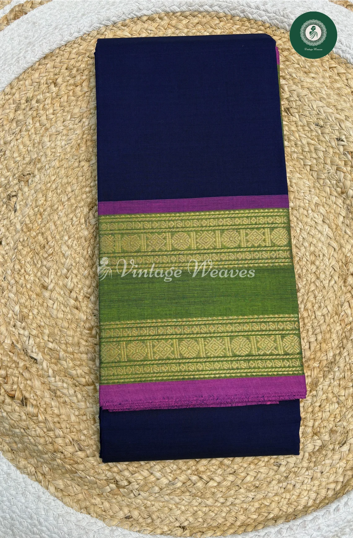 Handloom Chettinad Cotton Saree With DoubleBorder1-NavyBlue