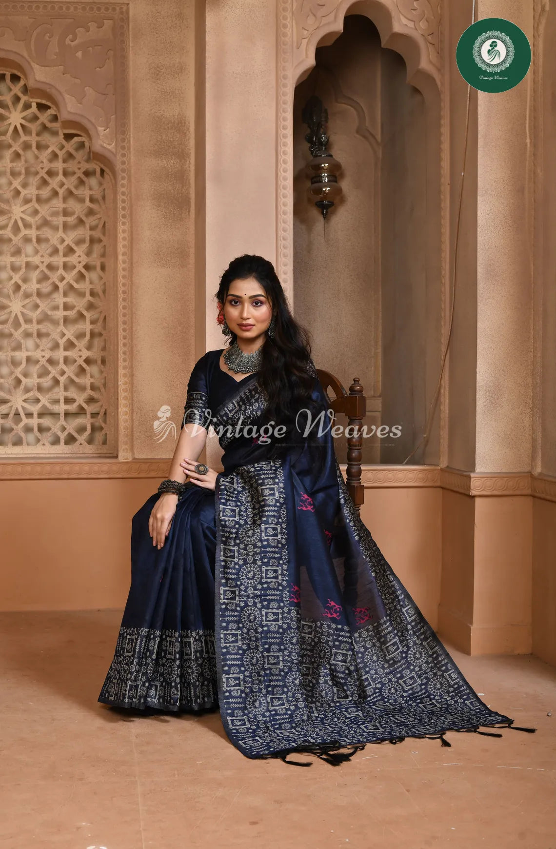 Handloom Raw silk saree with varli printed border-Blue