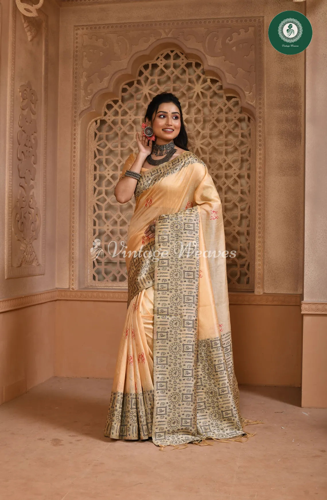 Handloom Raw silk saree with varli printed border-Cream
