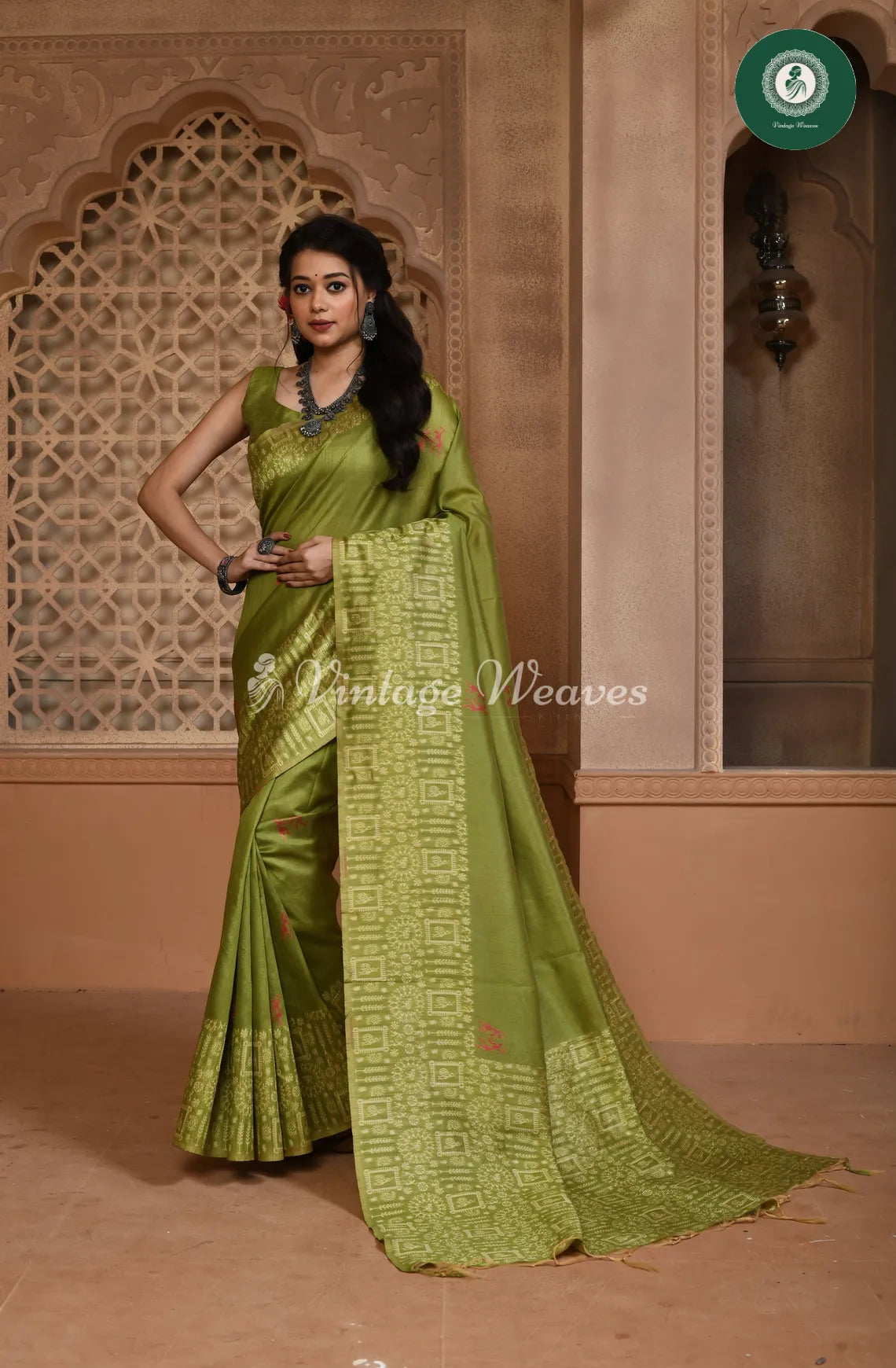 Handloom Raw silk saree with varli printed border-LightGreen