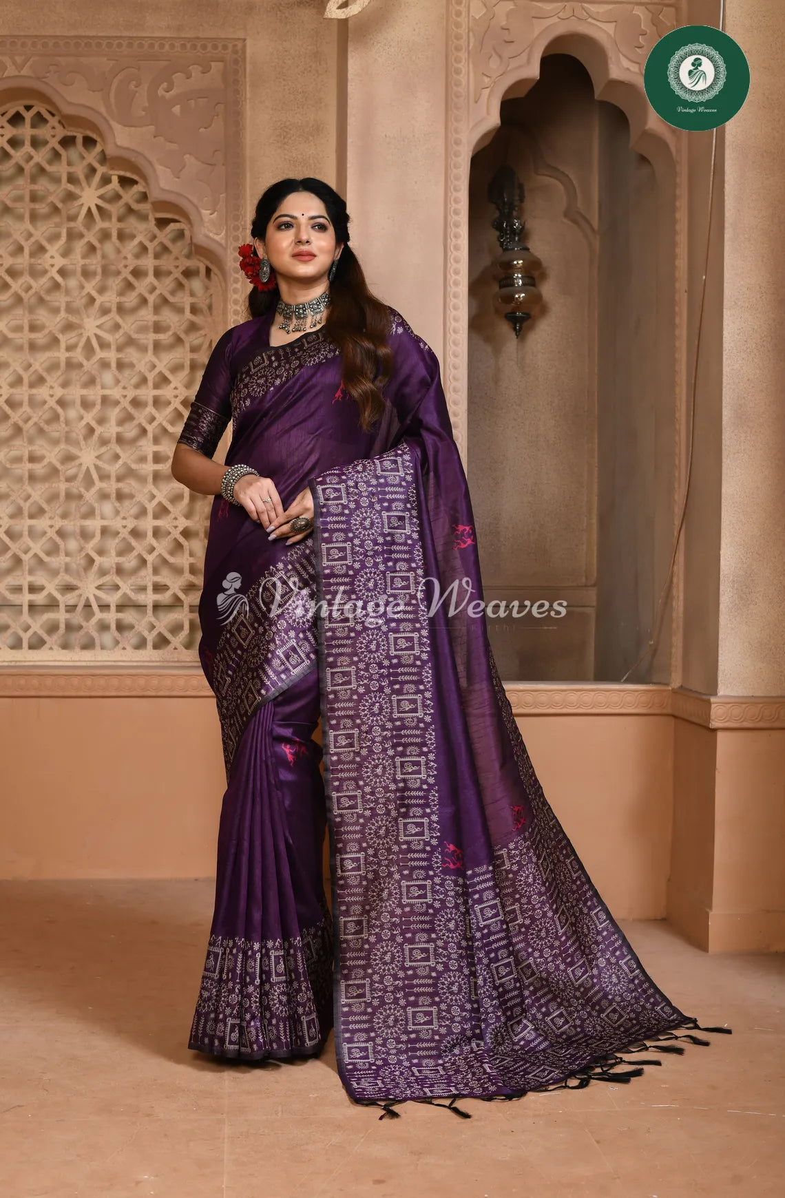 Handloom Raw silk saree with varli printed border-Violet