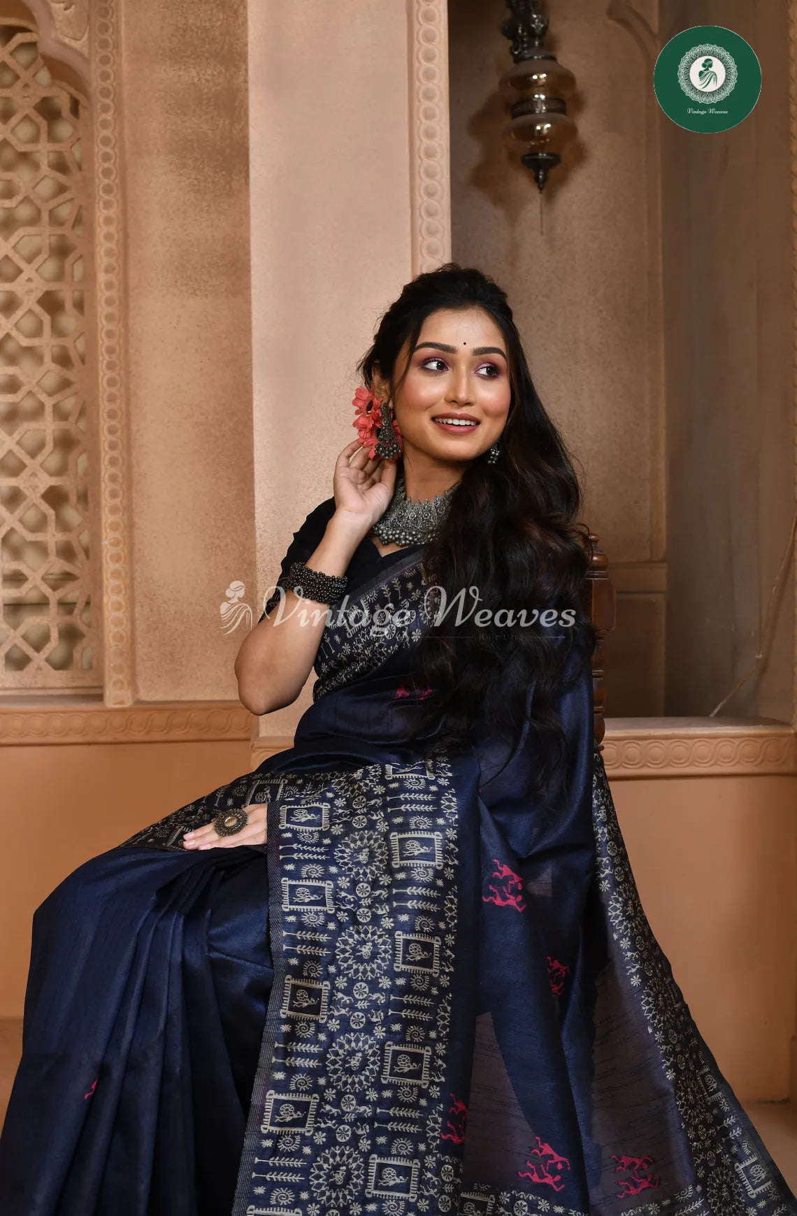 Handloom Raw silk saree with varli printed border-Blue