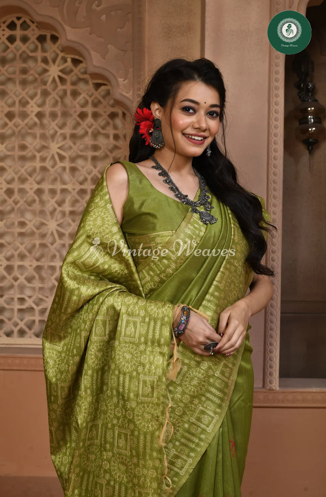 Handloom Raw silk saree with varli printed border-LightGreen