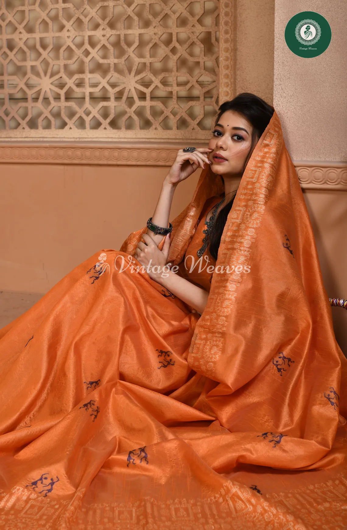 Handloom Raw silk saree with varli printed border-Orange