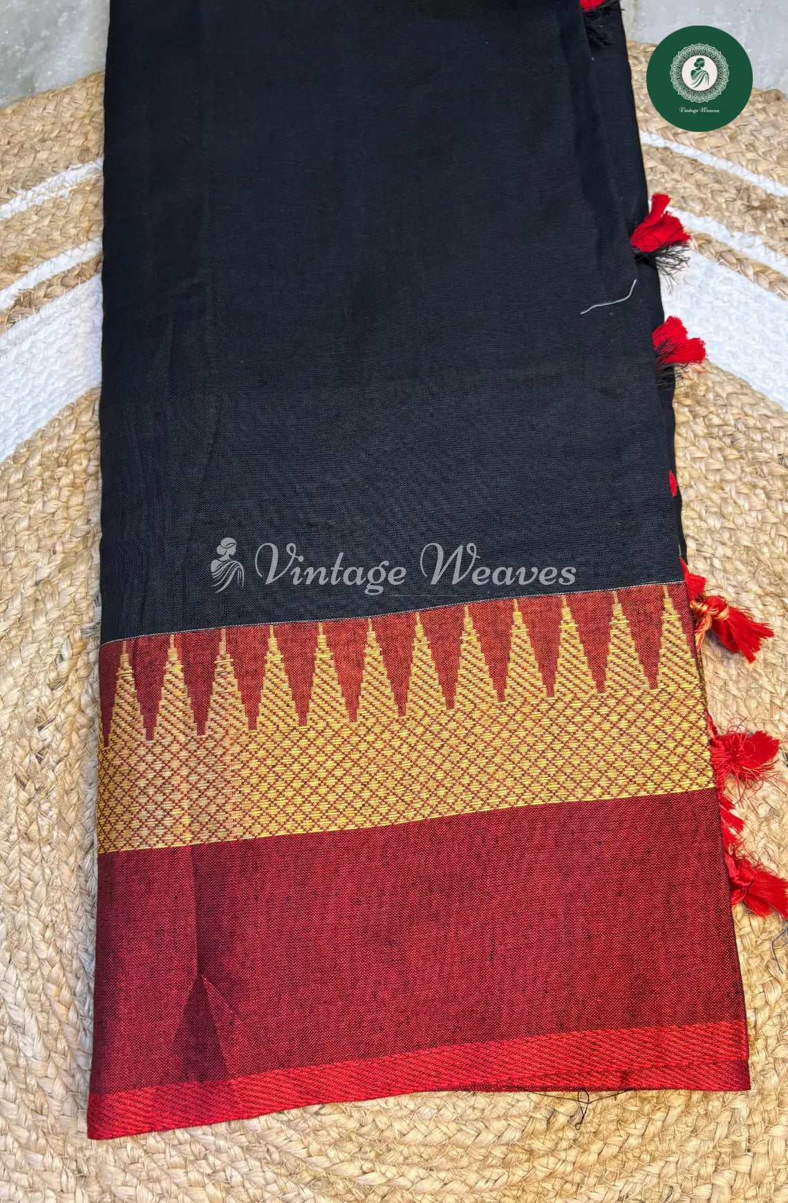 Handwoven Bengal Cotton Saree with Temple Border-Black