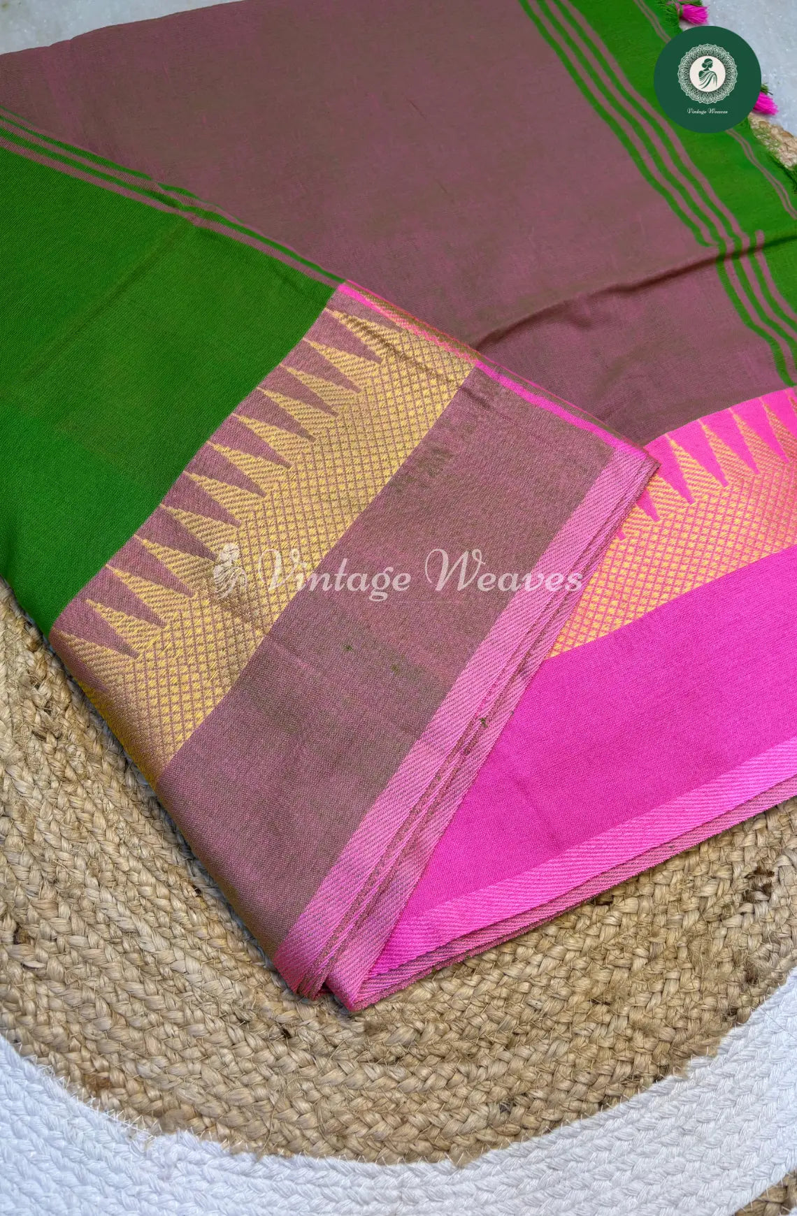 Handwoven Bengal Cotton Saree with Temple Border-Green