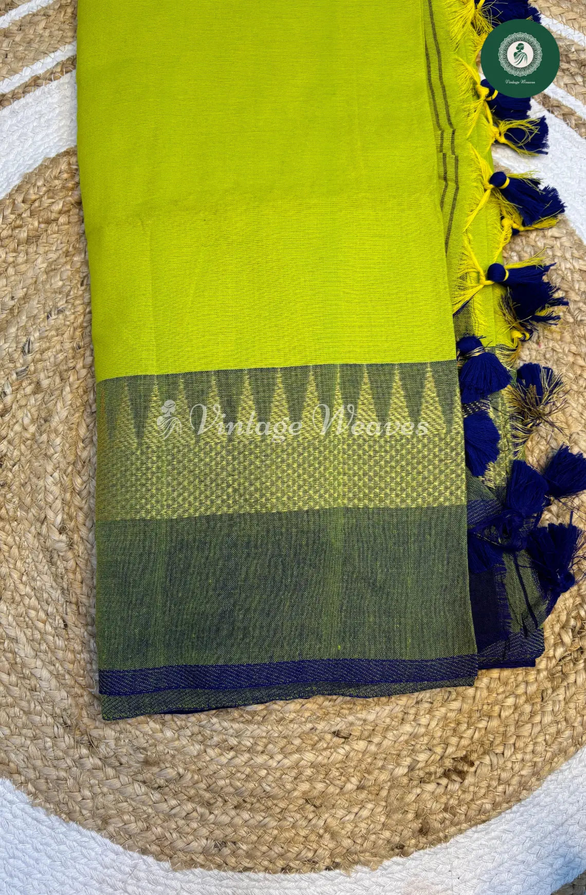 Handwoven Bengal Cotton Saree with Temple Border-LightGreen
