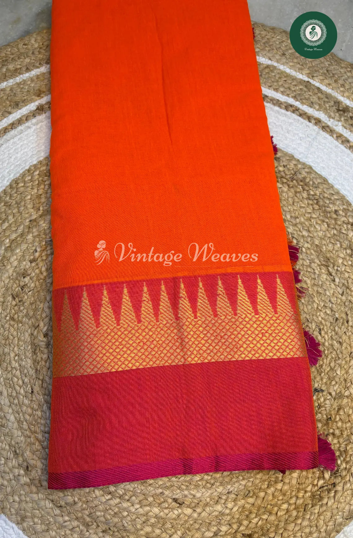 Handwoven Bengal Cotton Saree with Temple Border-Orange