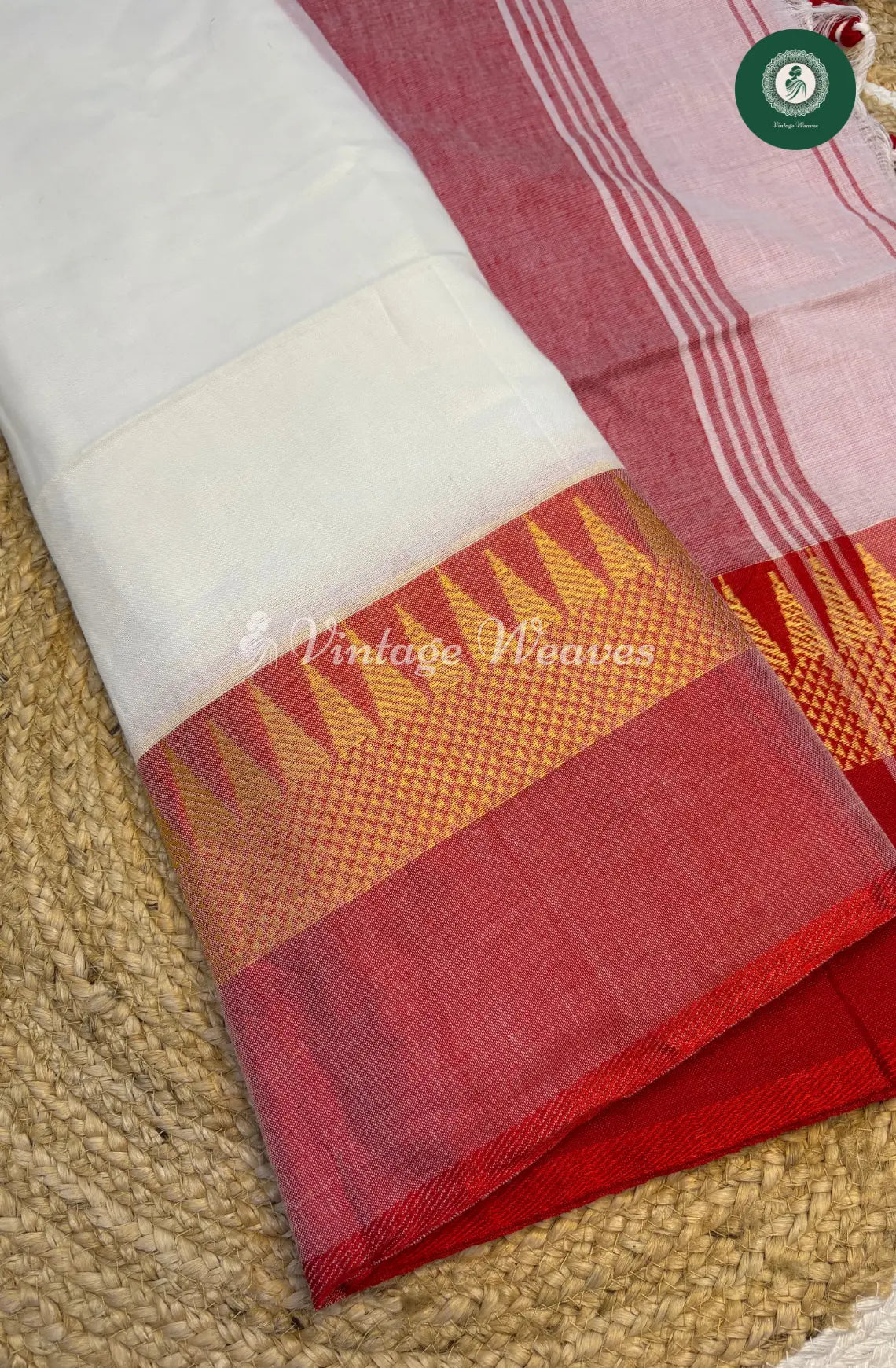 Handwoven Bengal Cotton Saree with Temple Border-White