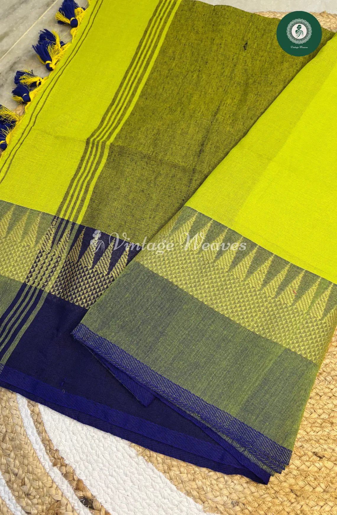Handwoven Bengal Cotton Saree with Temple Border-LightGreen