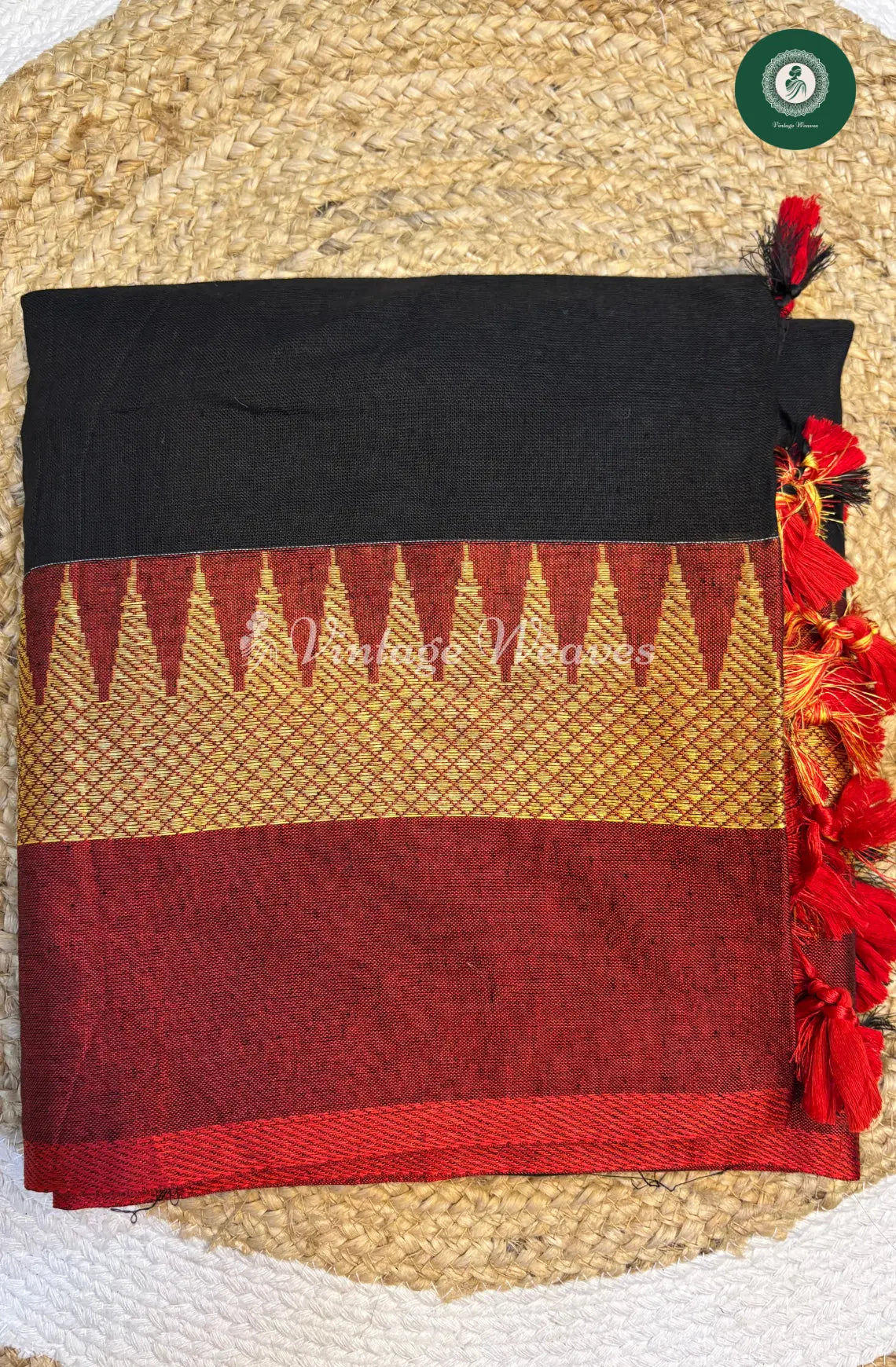 Handwoven Bengal Cotton Saree with Temple Border-Black