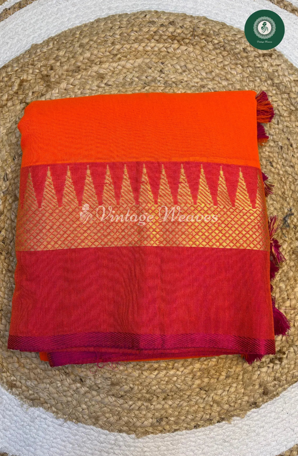 Handwoven Bengal Cotton Saree with Temple Border-Orange