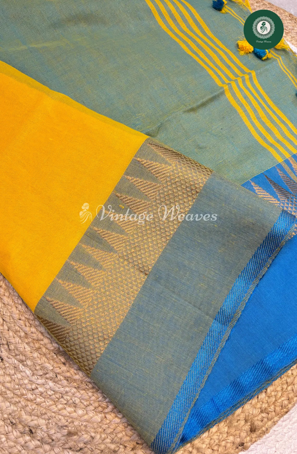 Handwoven Bengal Cotton Saree with Temple Border-yellow