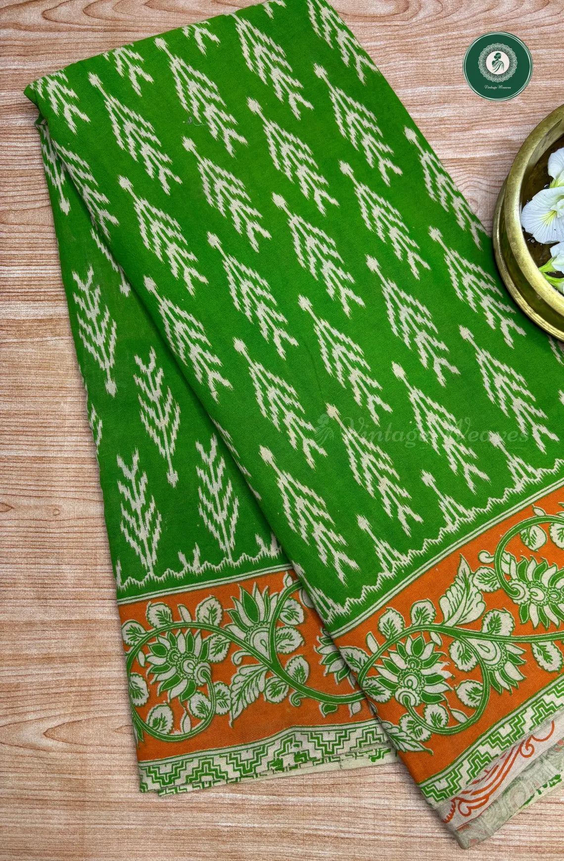 kalamkari mulcotton saree-lightgreen