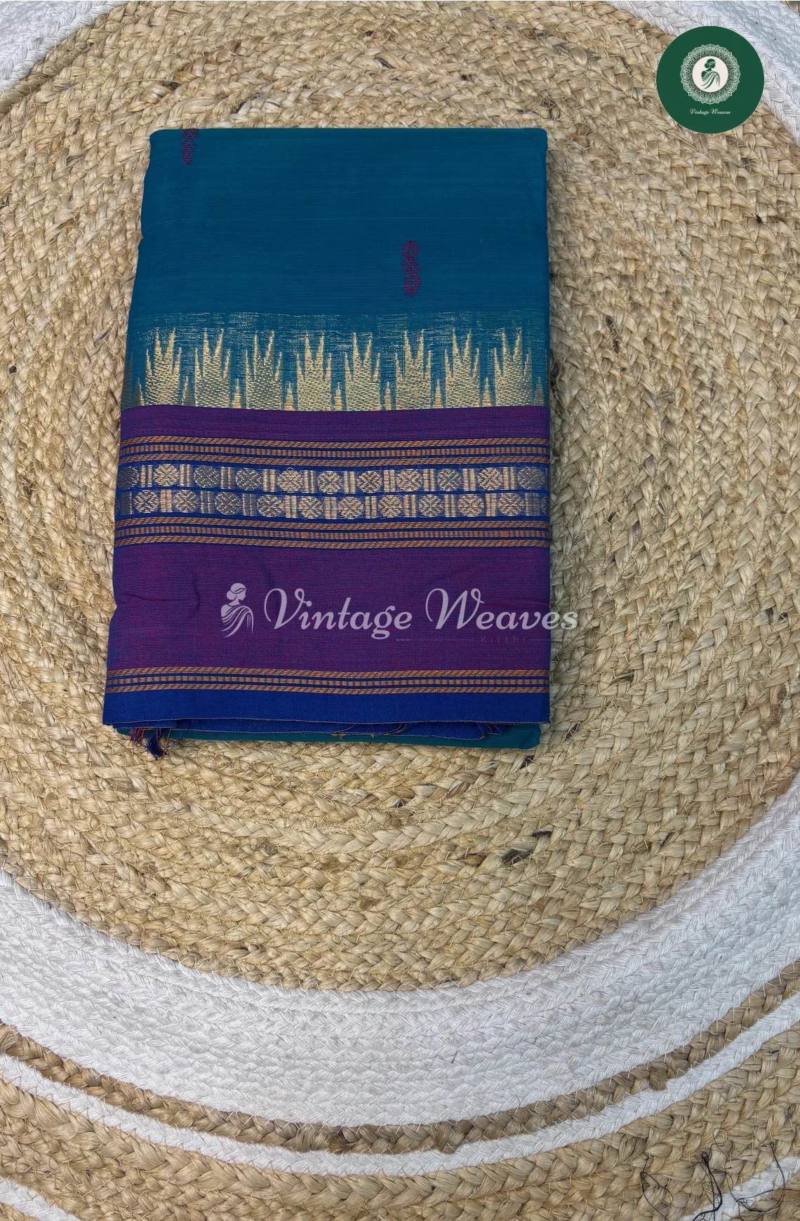 Kanchi Cotton Saree With ButtaBody and TempleBorder-Blue