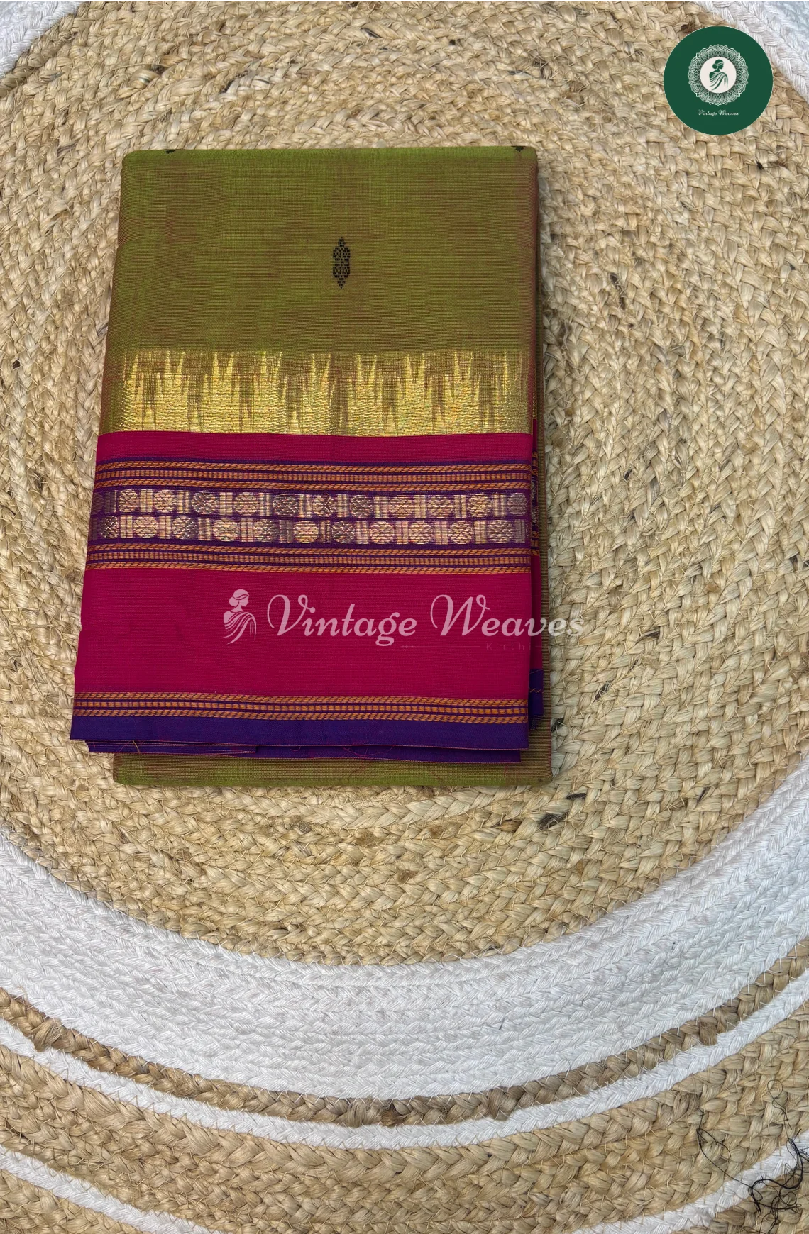 Kanchi Cotton Saree With Buttaand TempleBorder-GreenWithPink