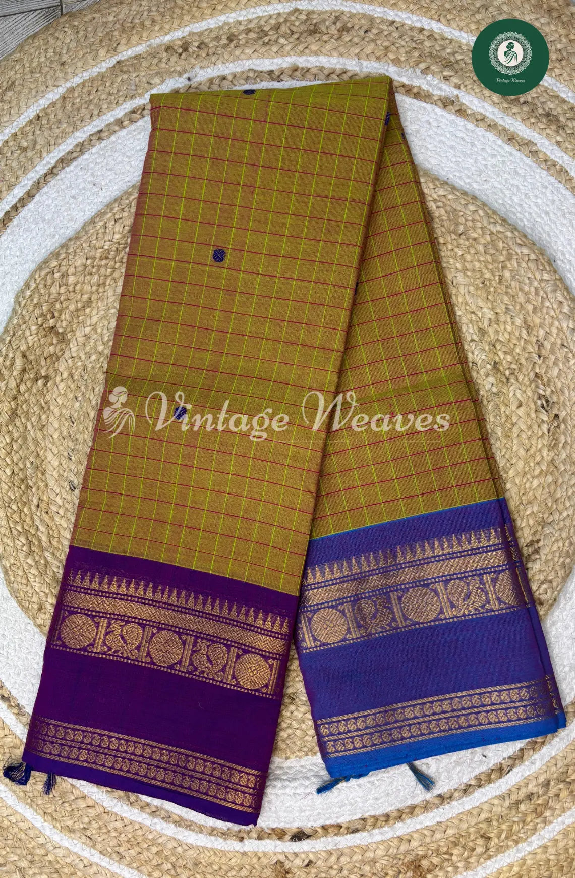 Kanchi Cotton Saree with KattamButta Rettapetaborder-Green