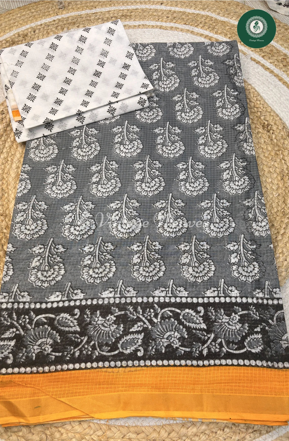 Kota Cotton Saree Flower-Grey