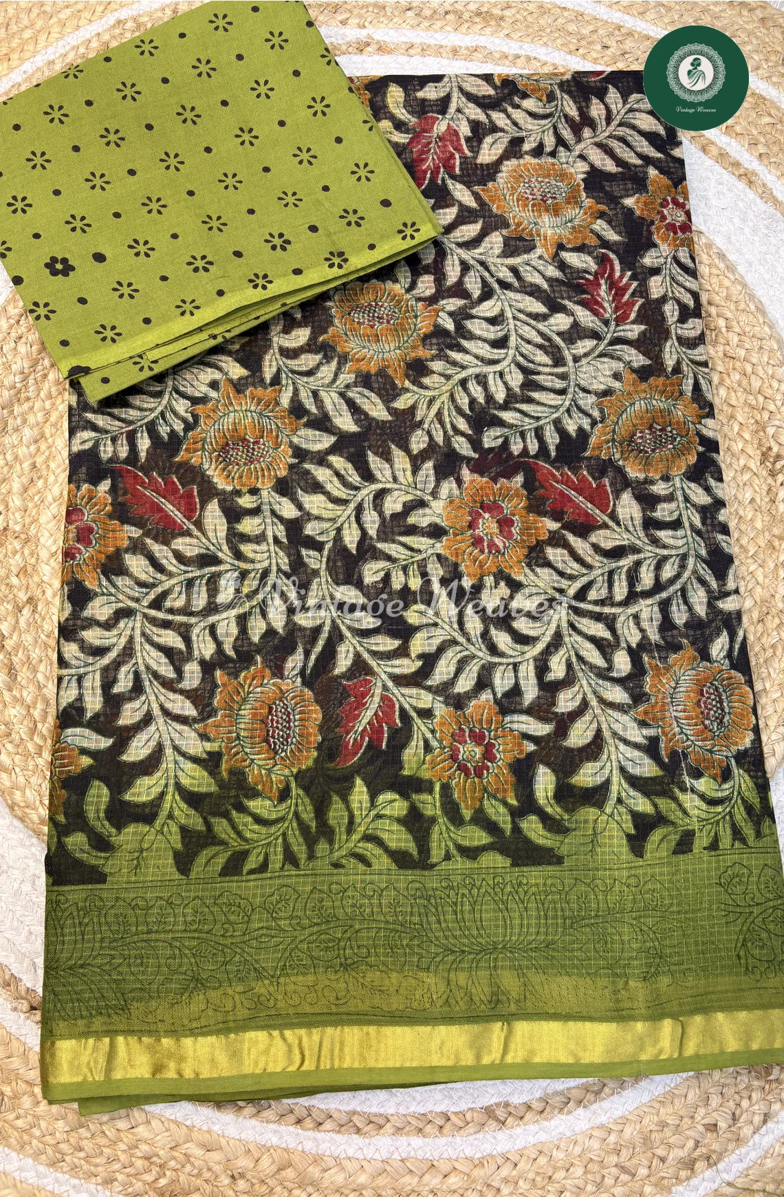 Kota Cotton Saree Kalamkari Flower Print-Black